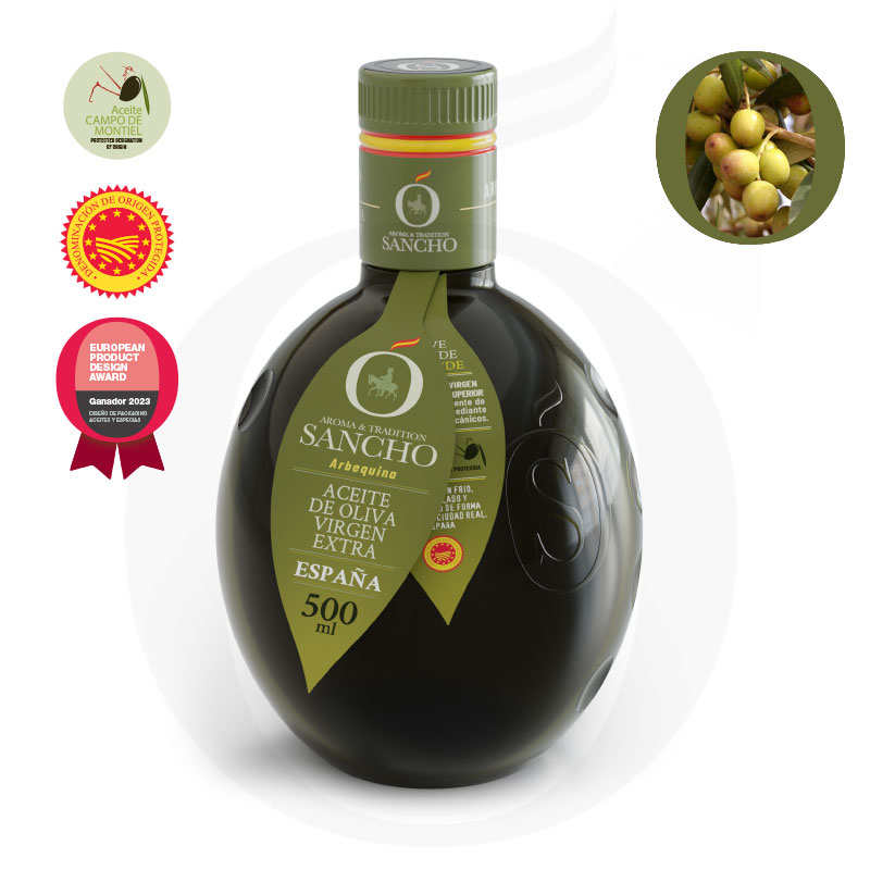 A bottle of Sancho Evoo Arbequina variety