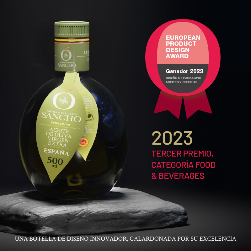A bottle of Sancho Evoo Arbequina variety