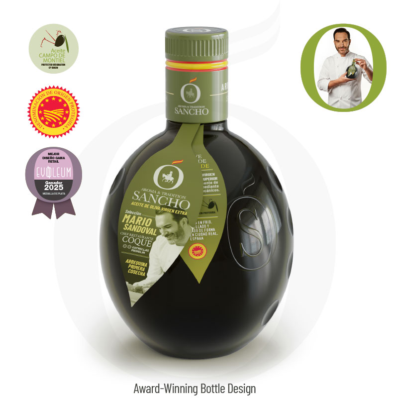 A bottle of Sancho Evoo Arbequina variety