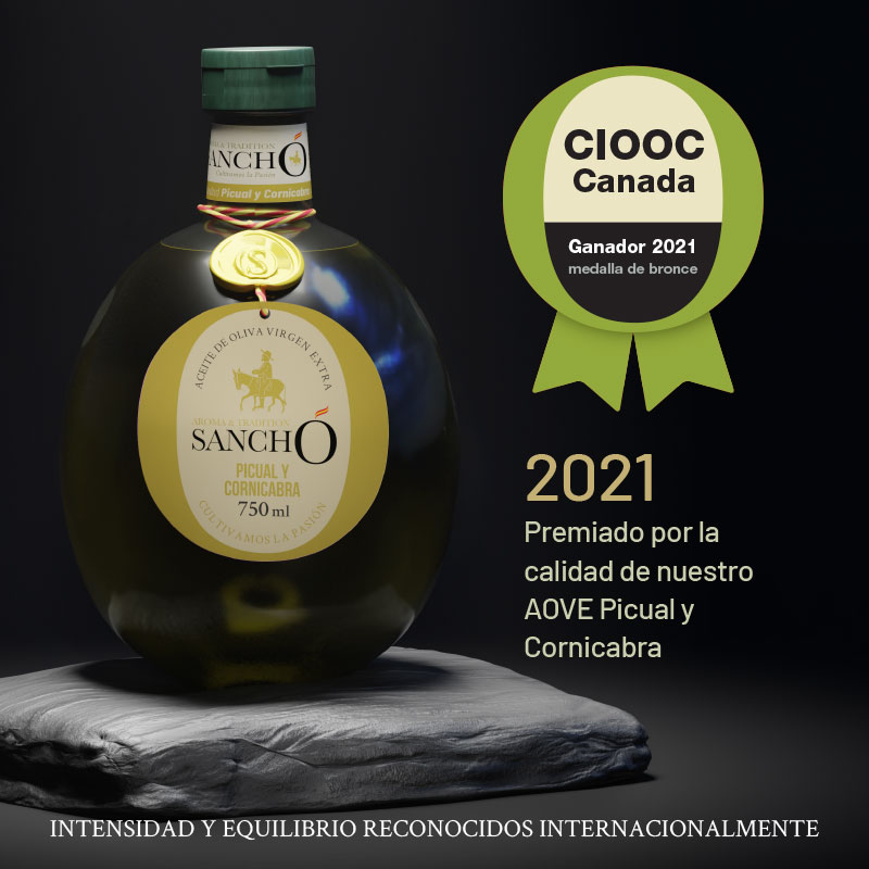 A bottle of Sancho Evoo Arbequina variety