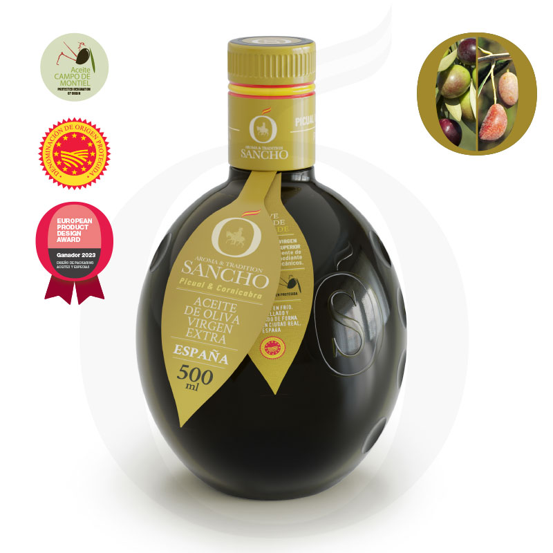 A bottle of Sancho Evoo Arbequina variety