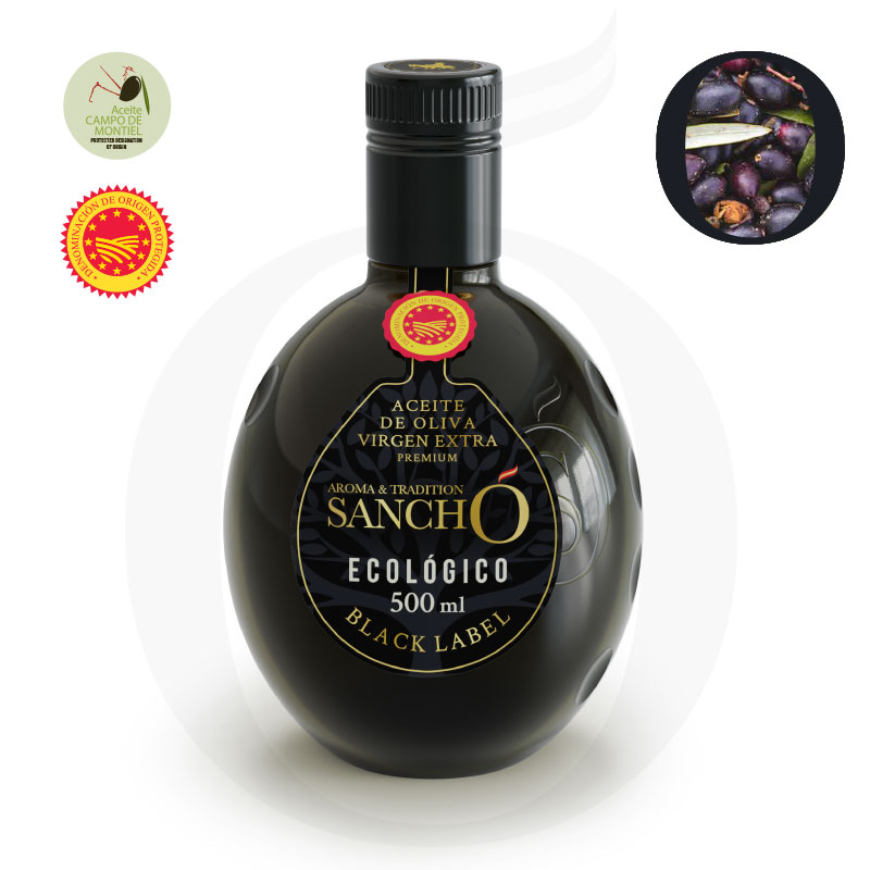 A bottle of Sancho Evoo Arbequina variety