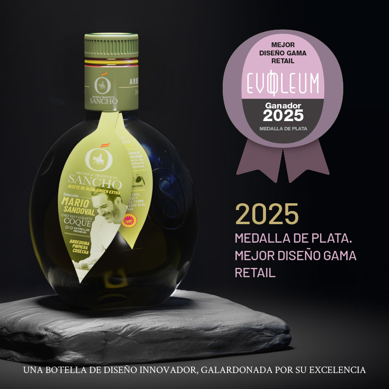 A bottle of Sancho Evoo Arbequina variety